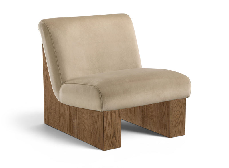 Velvet accent chair with light beige upholstery and walnut-toned wood base, cushioned back.