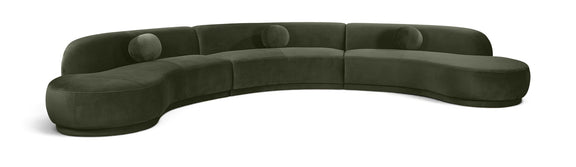 Velvet sectional sofa, green, rounded chaise, button-tufted cushions