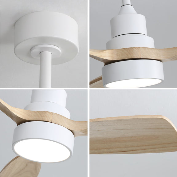 White ceiling fan motor housing with frosted light cover and wood blade