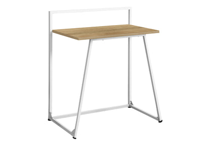 Light brown top computer desk with white metal frame and angled legs.