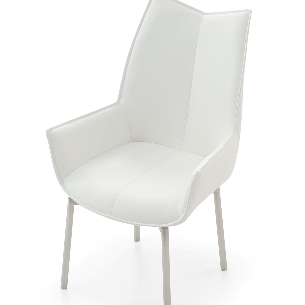 White swivel dining chair with padded seat and curved back, on silver metal legs