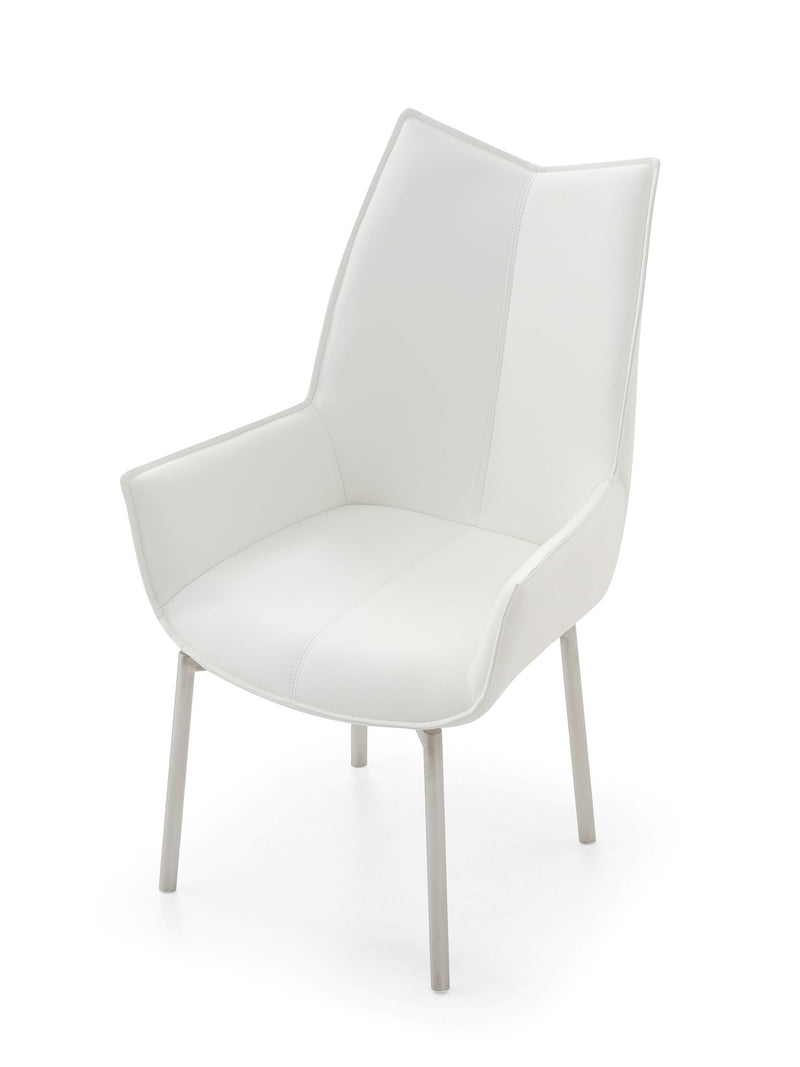 White swivel dining chair with padded seat and curved back, on silver metal legs