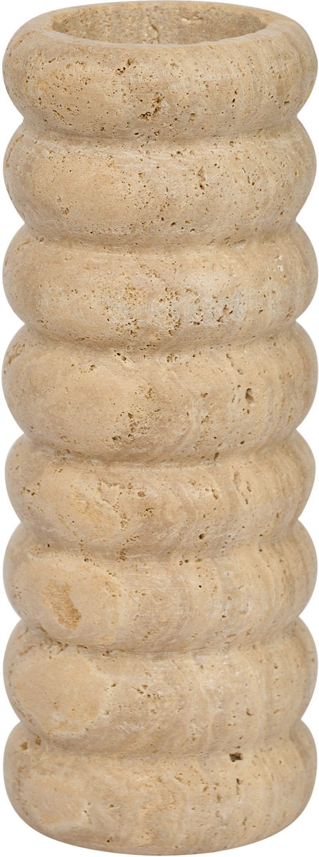 Beige travertine vase front view with textured ridged pattern