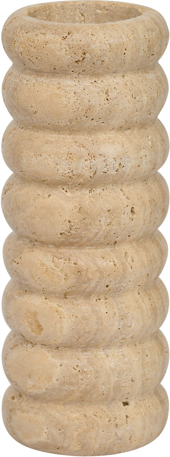 Beige travertine vase front view with textured ridged pattern