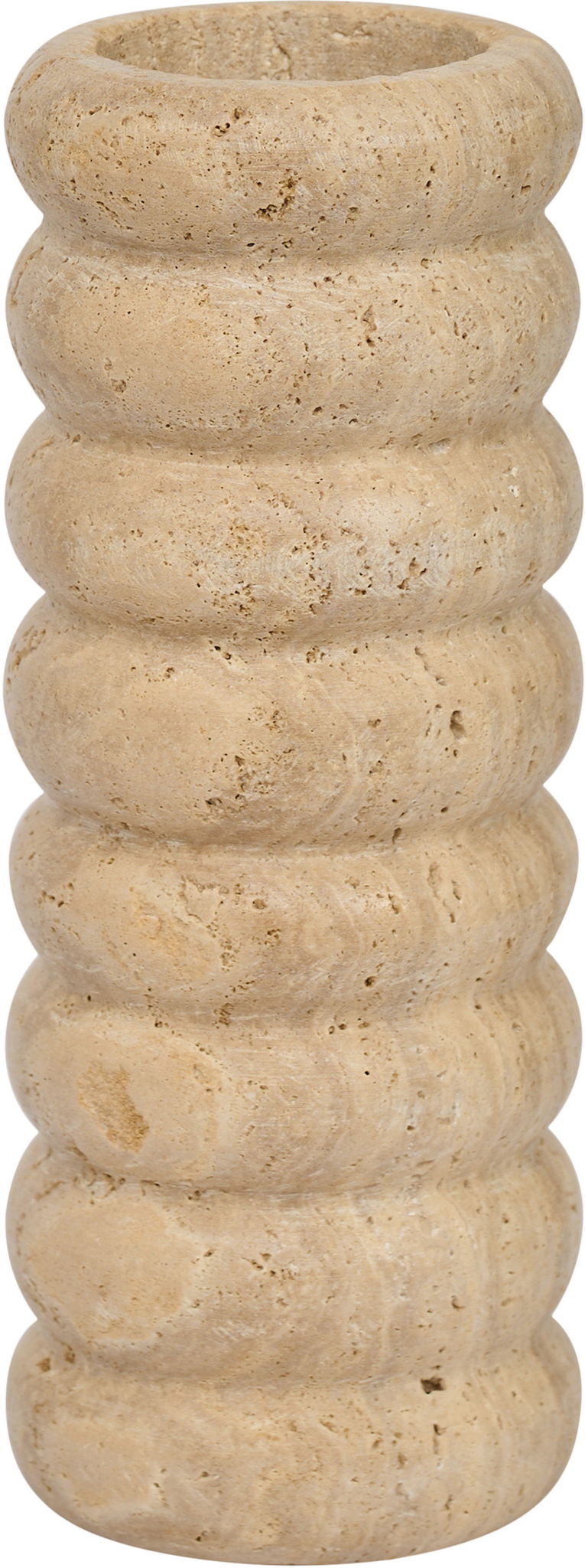 Beige travertine vase front view with textured ridged pattern