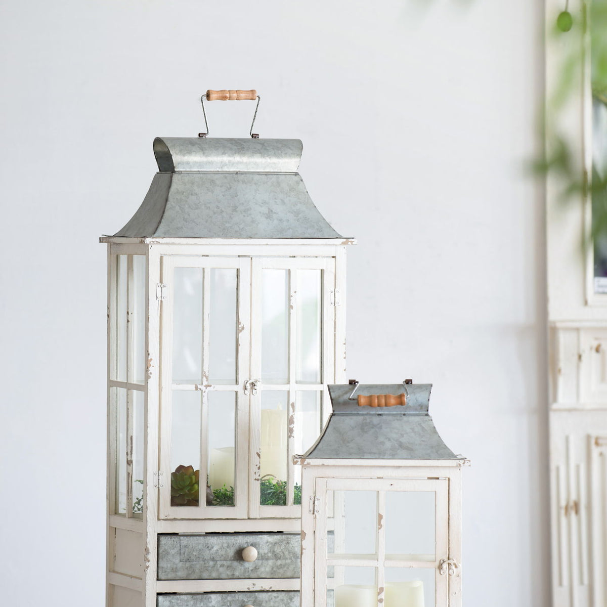 Wooden Candle Lantern Decorative, Hurricane Lantern Holder Decor For Indoor Outdoor, Home Garden Wedding - Ivory