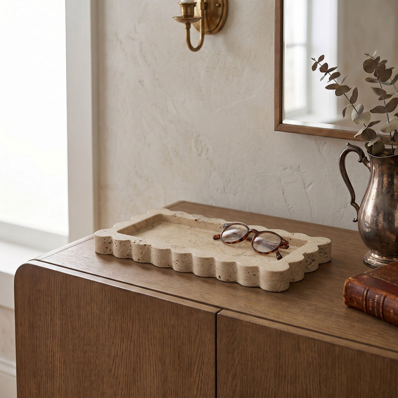 Beige genuine marble tray with scalloped border and rectangular recessed interior.