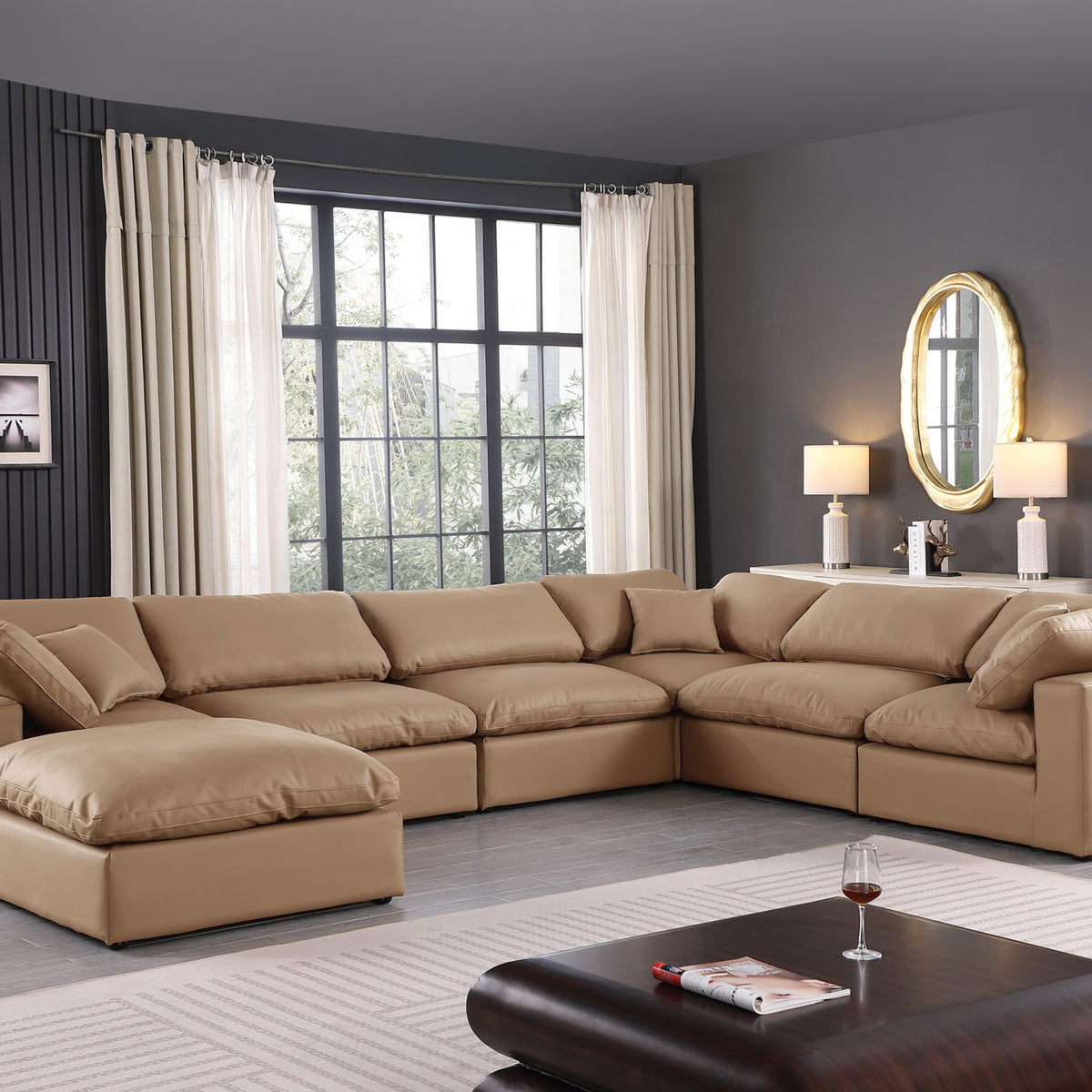 Comfy - 7 Piece Faux Leather Modular Sectional With Chaise - Tan