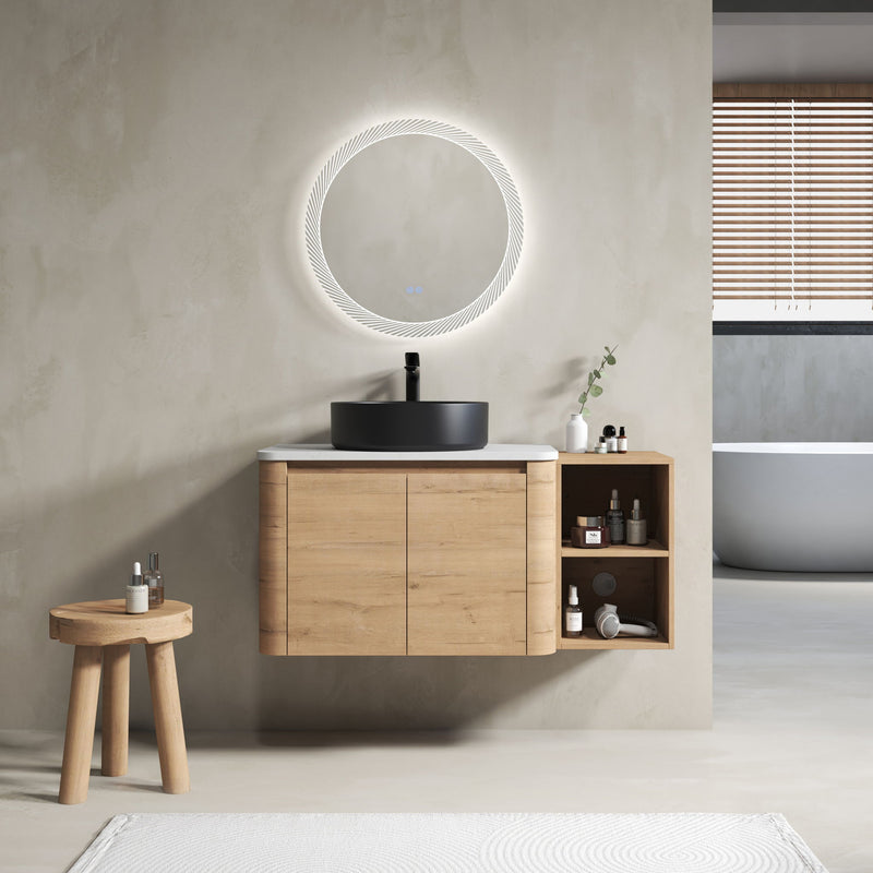Wall-mounted bathroom vanity with vessel sink, 2 soft-close doors, and open storage shelf