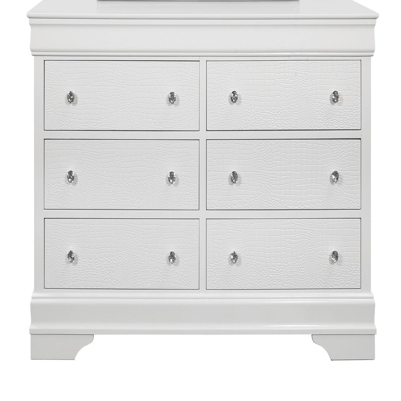 White chest of drawers with six drawer fronts and shiny metal knob pulls