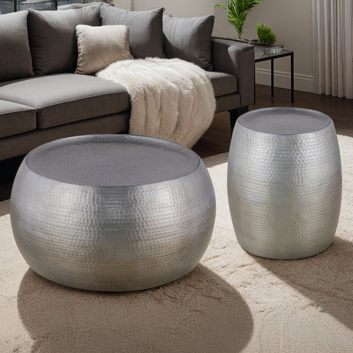 Silver hammered round coffee table and matching end table set