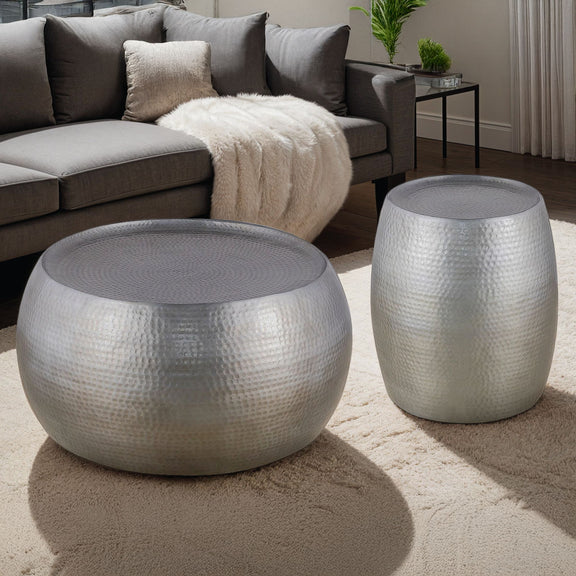 Silver hammered round coffee table and matching end table set