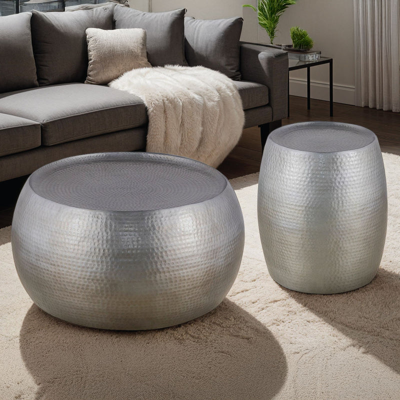 Silver hammered round coffee table and matching end table set