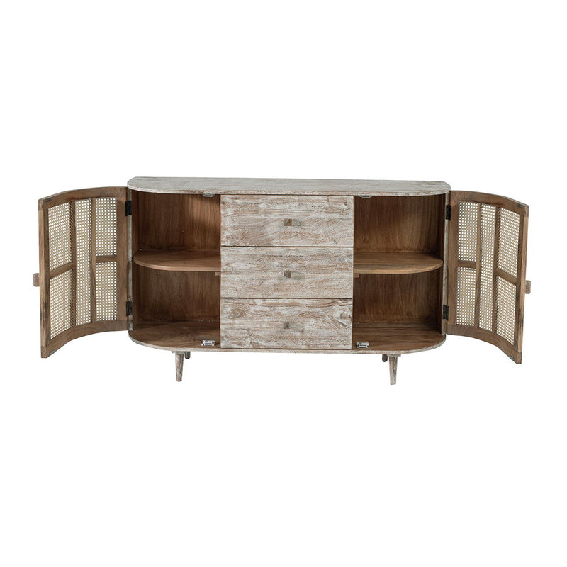 TV console with both cane doors open, revealing two side shelves and three center drawers