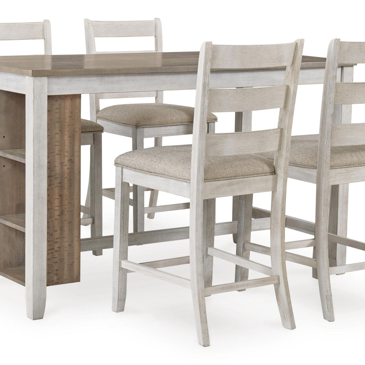 White rectangular counter table with side storage shelves and wood top