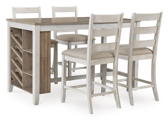 White rectangular counter table with side storage shelves and wood top