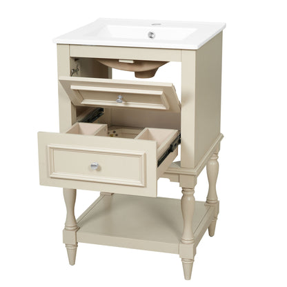 Beige bathroom vanity with white sink, open cabinet storage, and front drawer