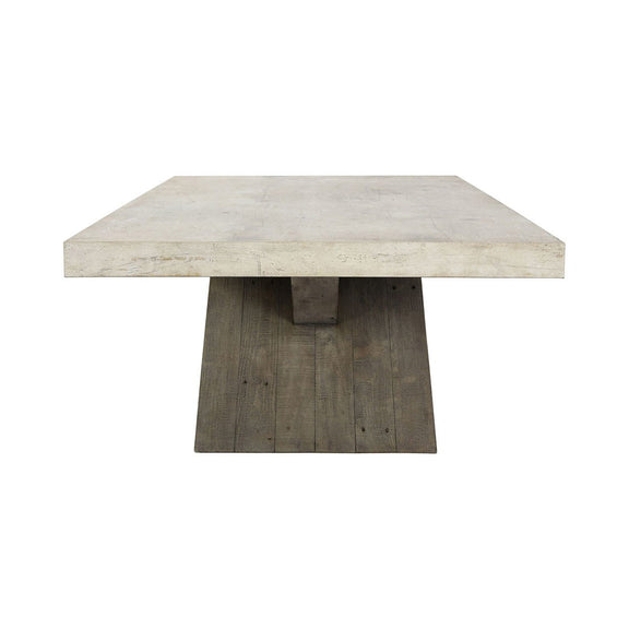 Rectangular distressed gray coffee table with dark gray pedestal base