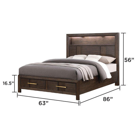 Dark wood storage bed frame with built-in drawers and slat headboard, with size lines
