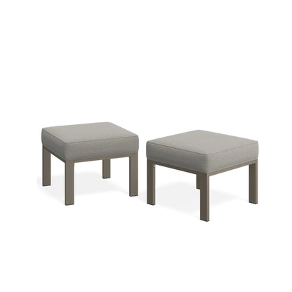 Set of 2 beige patio ottomans with thick square cushions and dark legs