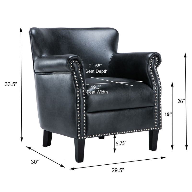 Hadley dark club chair with nailhead trim, rounded arms, upholstered seat and backrest