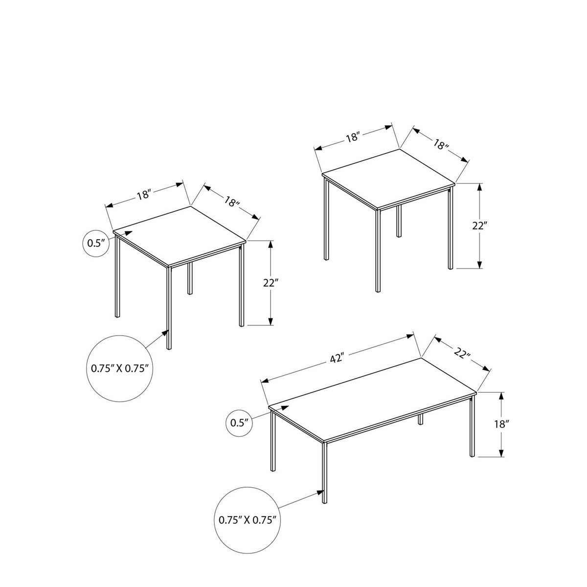 Coffee table set size diagram: small and large square/rectangular tables