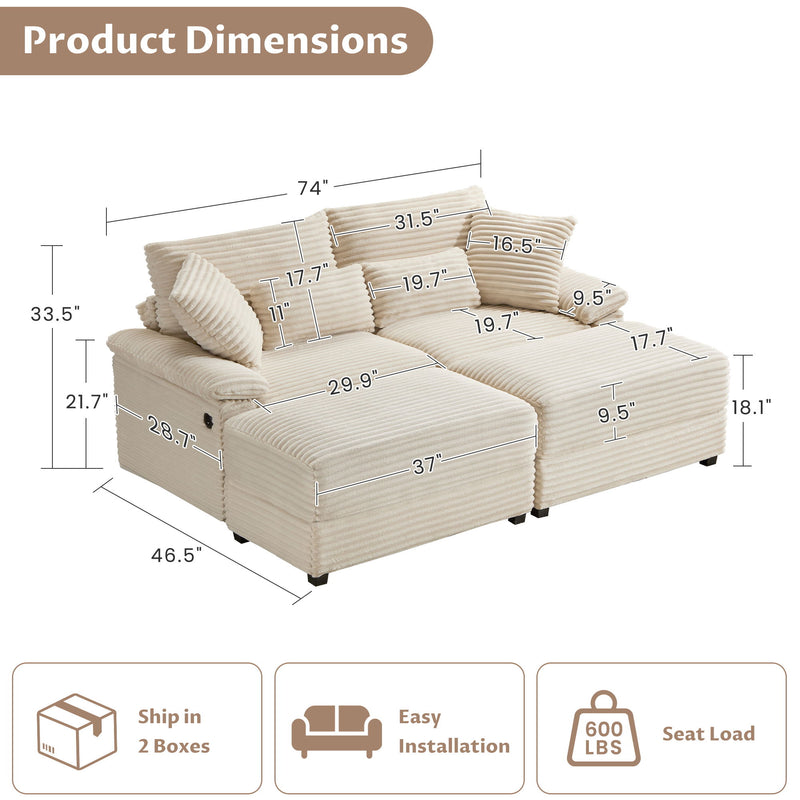 Beige striped double chaise lounge set with labeled dimension lines diagram