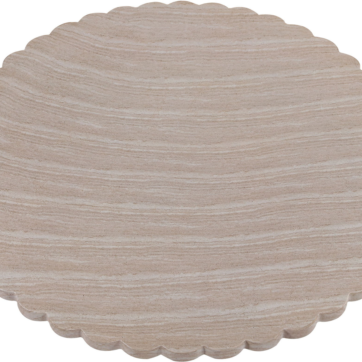 Light beige round tabletop with scalloped edge over a smooth pedestal base