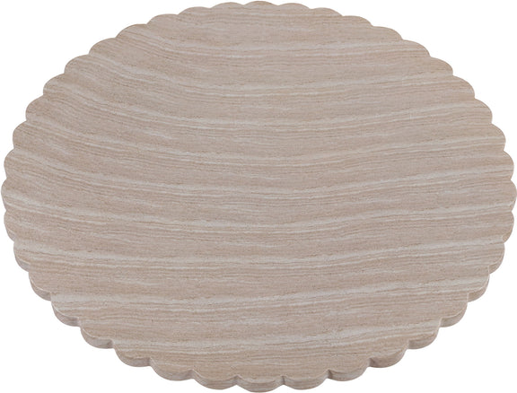 Light beige round tabletop with scalloped edge over a smooth pedestal base