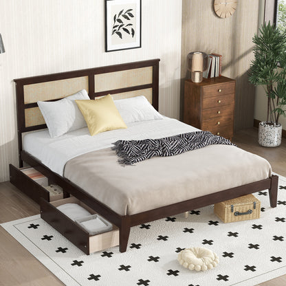 King Size Bed with Rattan Headboard, Two Storage Drawers, Rubber Wood Bed with Enhanced Support Slats and Feet, Espresso, Coastal