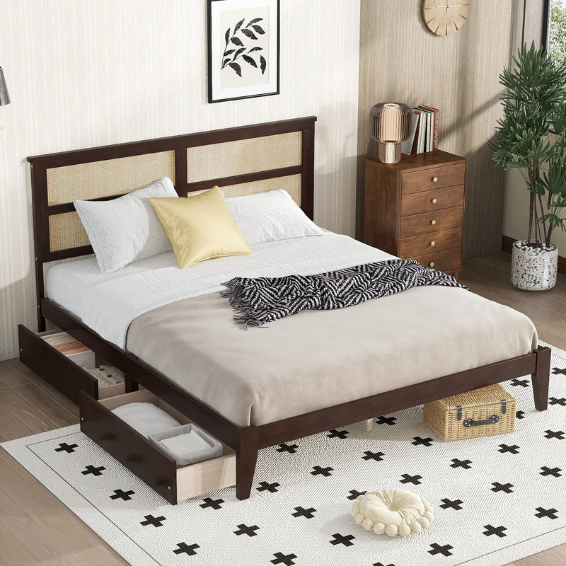 King Size Bed with Rattan Headboard, Two Storage Drawers, Rubber Wood Bed with Enhanced Support Slats and Feet, Espresso, Coastal