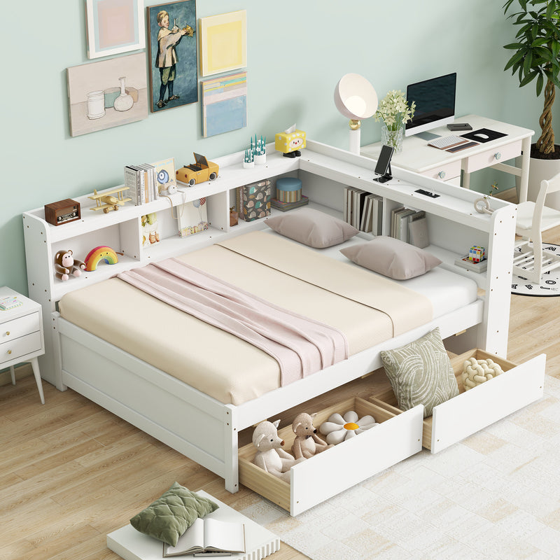 Full Size L-shaped Bookcases Bed with Power Outlets, USB Charging Ports, Two Drawers, White