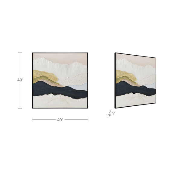 Framed abstract landscape painting shown with dimensions: navy, gold, and textured white.