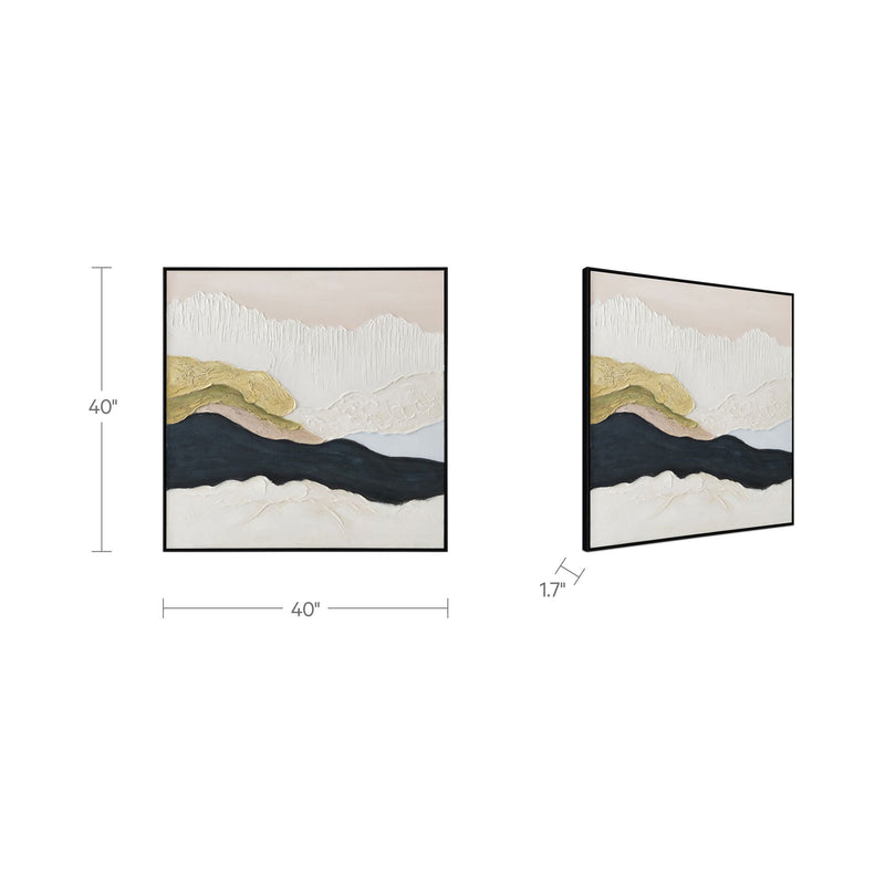 Framed abstract landscape painting shown with dimensions: navy, gold, and textured white.