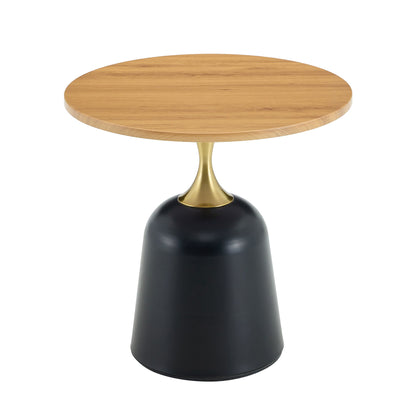 Round coffee table with light wood top and black pedestal base with gold stem