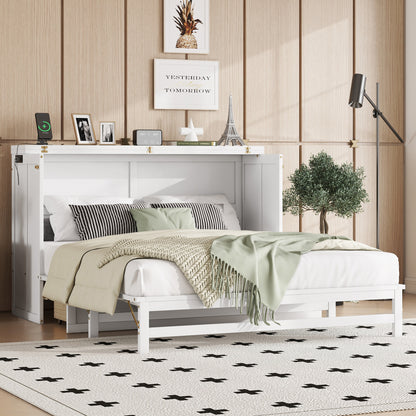 White queen Murphy bed cabinet with storage drawers, opened frame, pillows and blanket