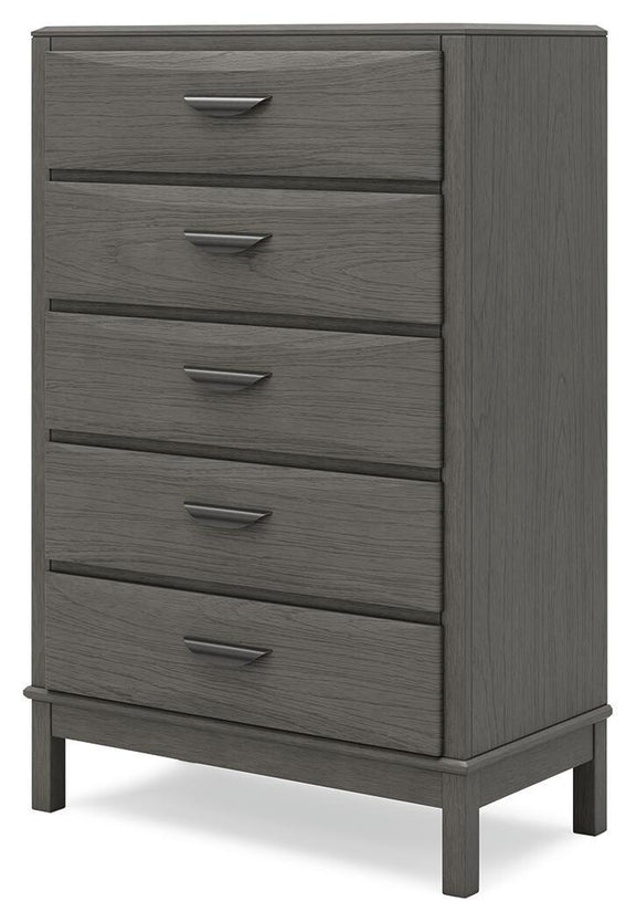 Gray five-drawer chest with metal bar handles and side panel detailing