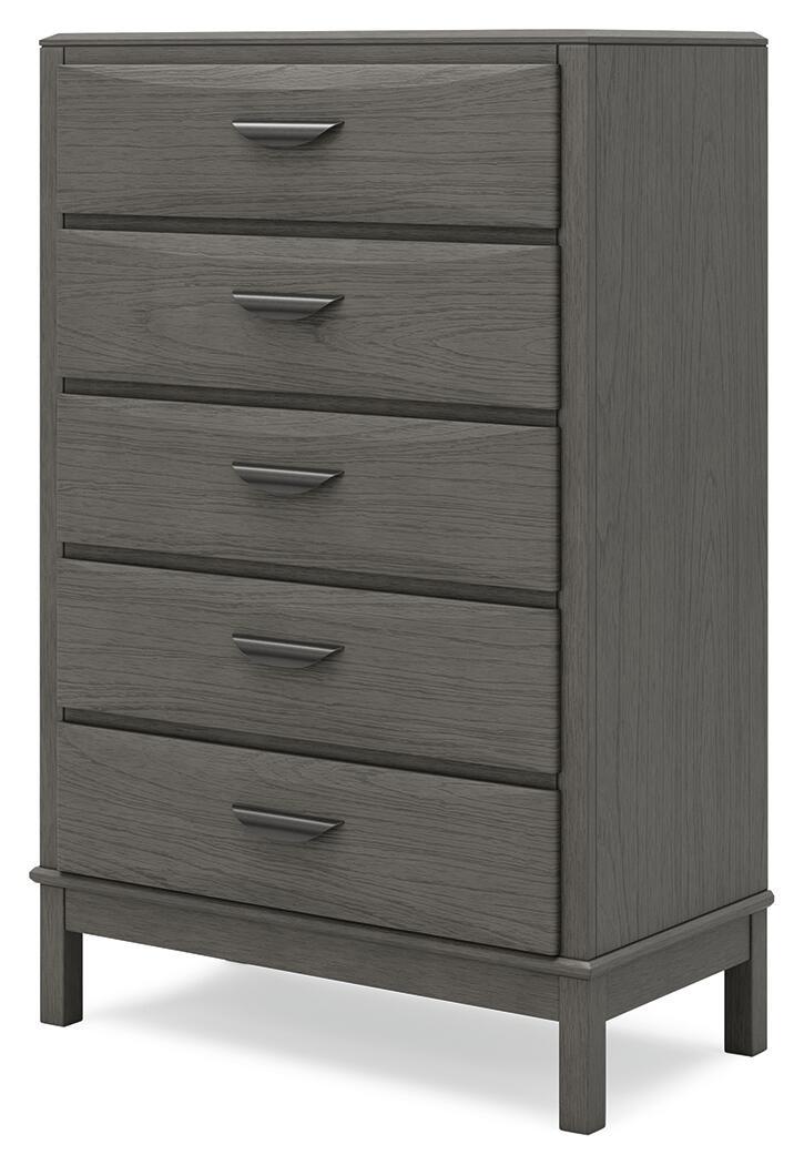 Gray five-drawer chest with metal bar handles and side panel detailing