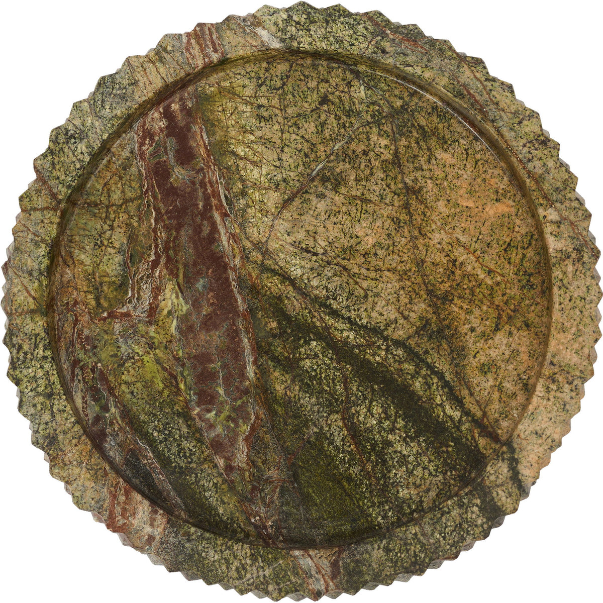 Green marble tray with deep veining and textured scalloped outer rim.