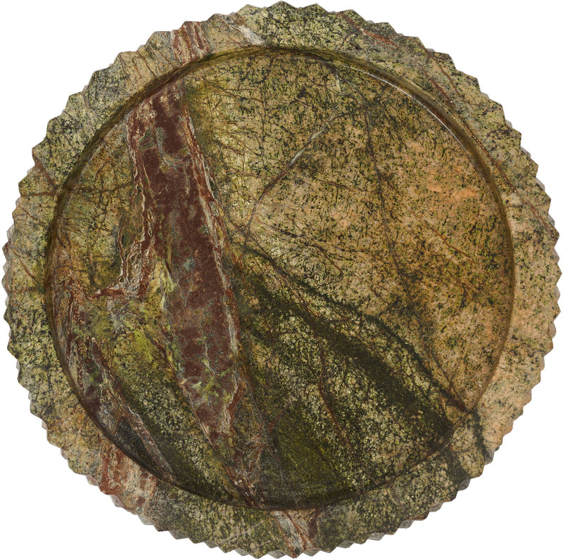 Green marble tray with deep veining and textured scalloped outer rim.