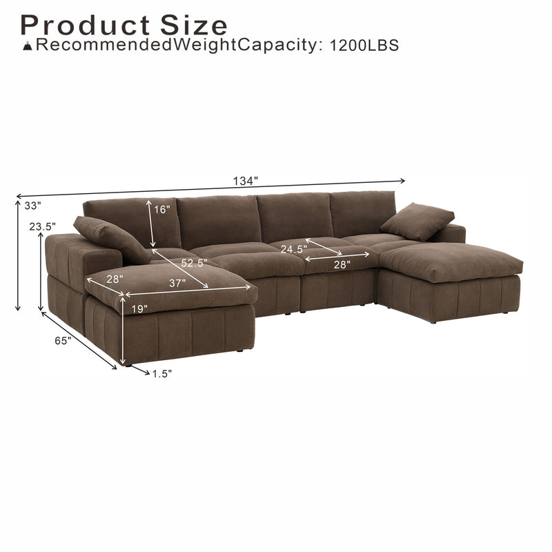 Dark brown sectional sofa with chaise ends and dimension markings