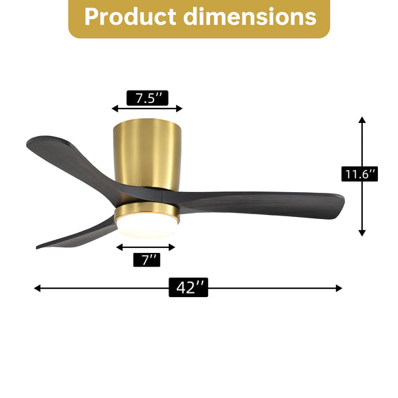 Gold and black ceiling fan with LED light showing size dimensions
