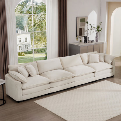 Modern Upholstered 4 Seater Corduroy Fabric Sofa With Arm And Throw Pillows