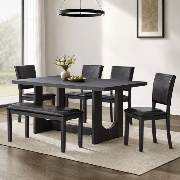 Rectangular dining table set with dark table and dark upholstered chairs, 4-chair view