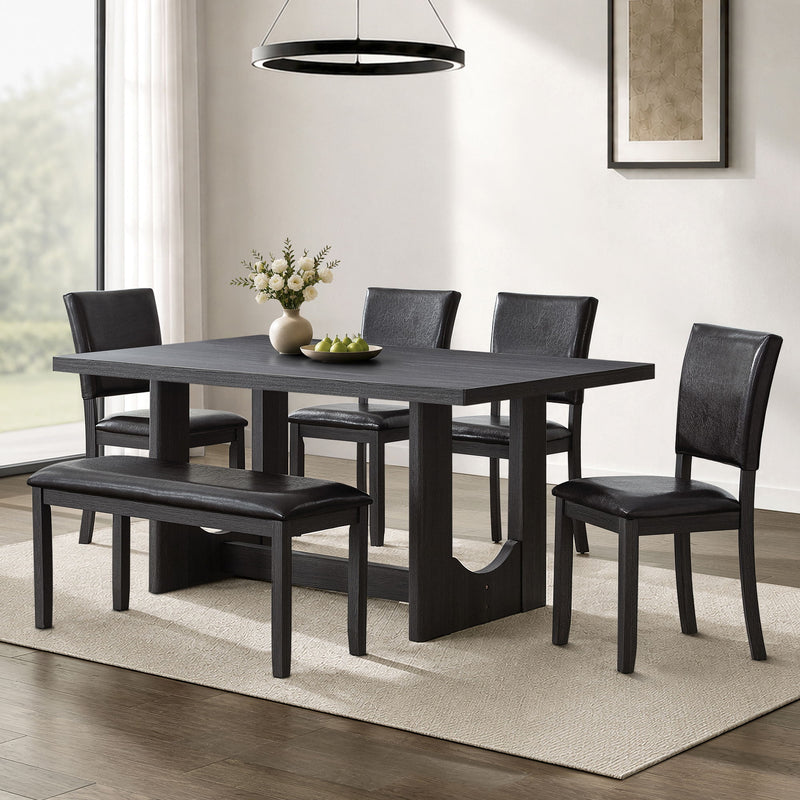 Rectangular dining table set with dark table and dark upholstered chairs, 4-chair view