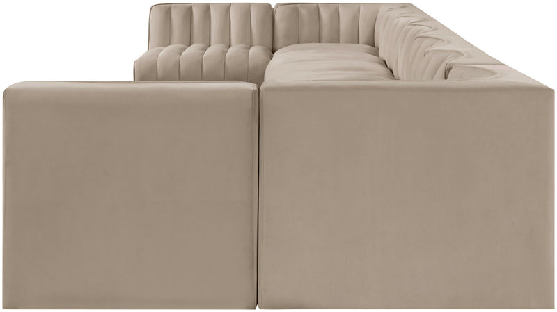 Beige armless velvet sectional corner unit with deep seat and tufted back cushions