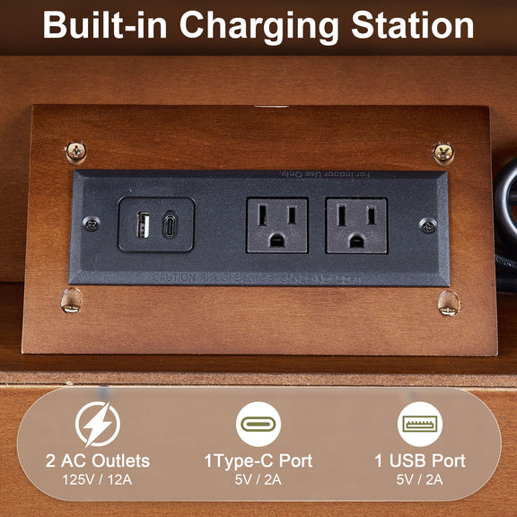 Nightstand charging panel with two AC outlets, one USB-C port, and one USB port
