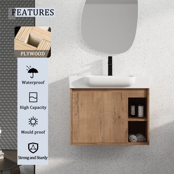 Bathroom vanity with dark wood cabinet and white sink basin with open storage