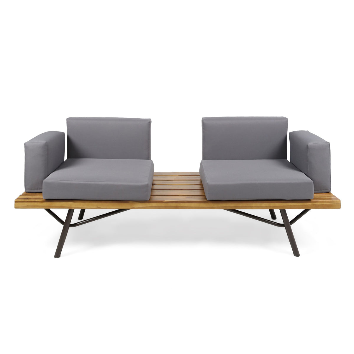 Front view patio loveseat set with gray seat cushions and slatted natural wood coffee table.