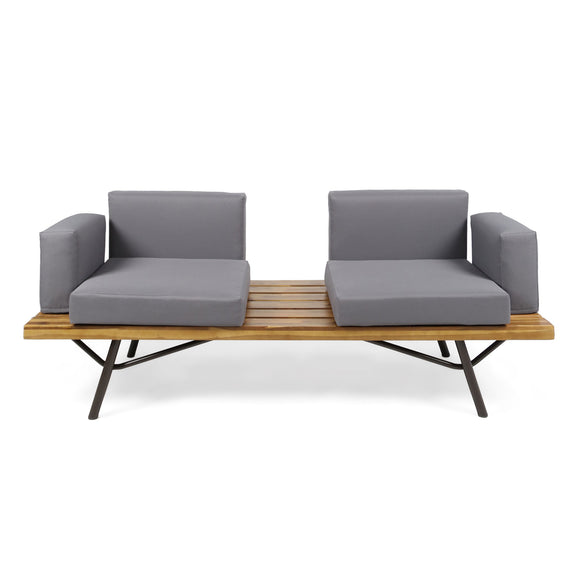 Front view patio loveseat set with gray seat cushions and slatted natural wood coffee table.
